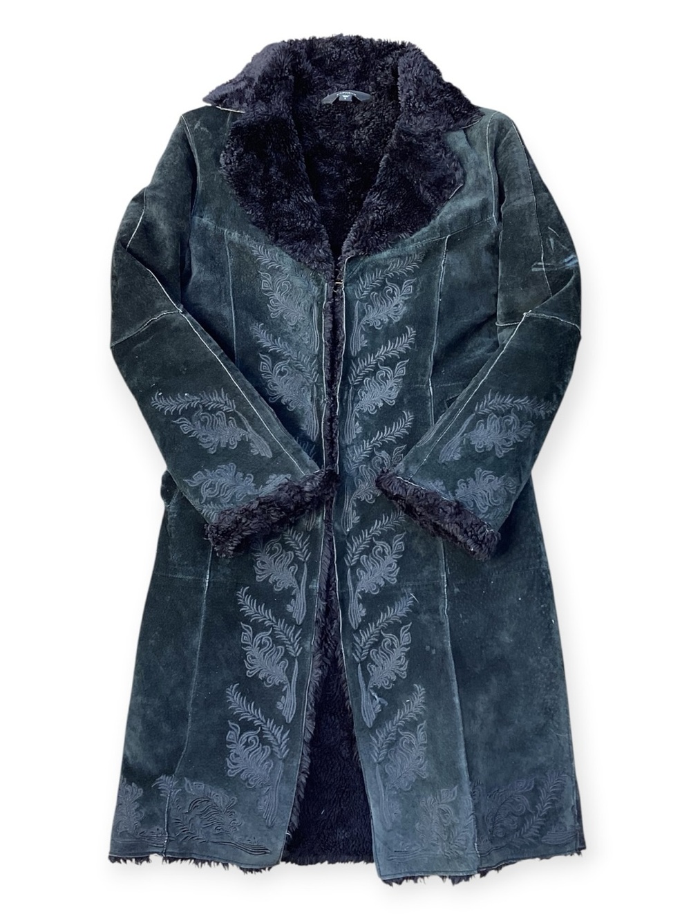 Y2K Express Penny Lane Leather Embroidered Long Coat Boho Gothic Jacket Womens S